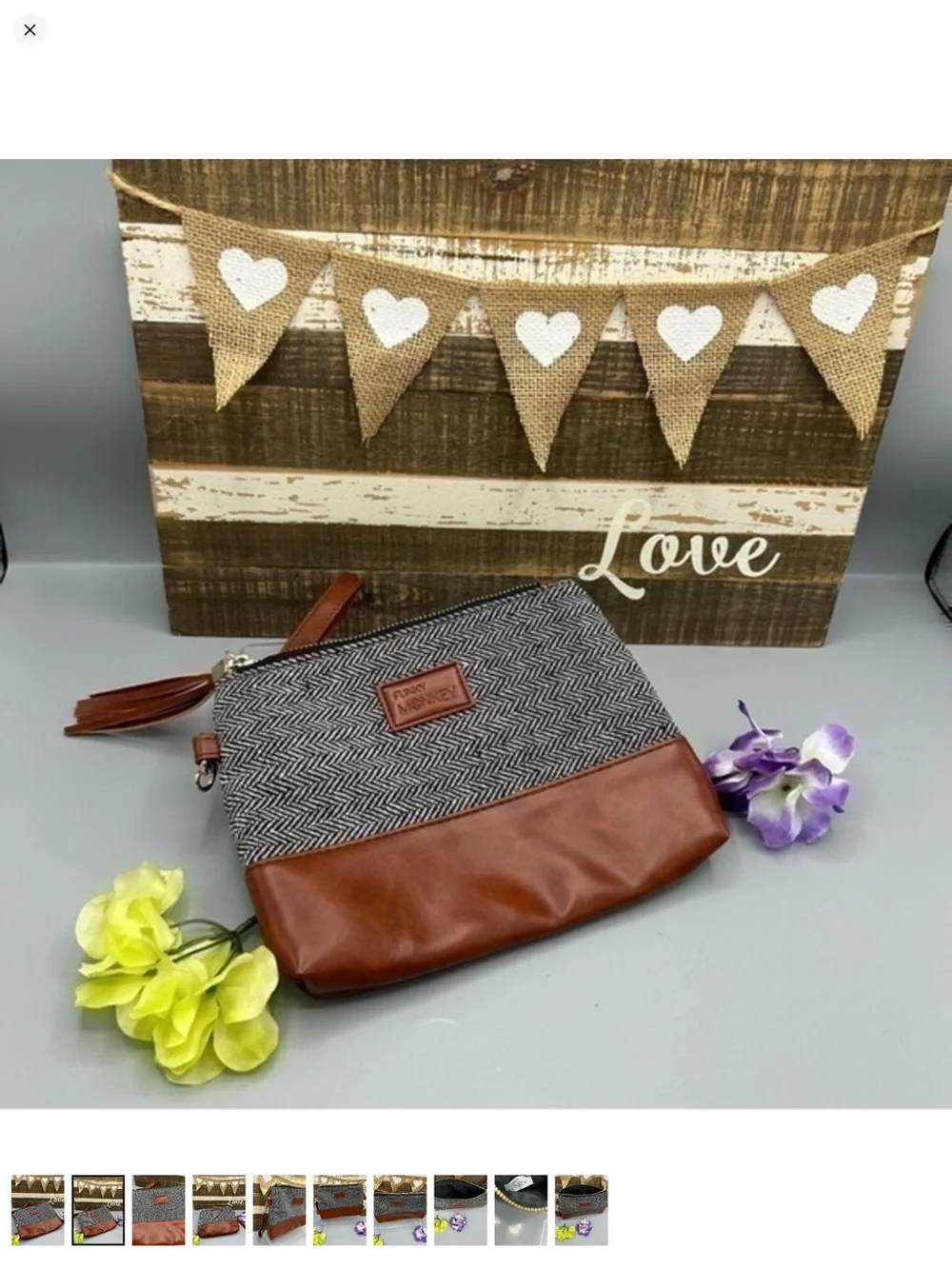 ✨Herringbone & Brown Faux Leather Wristlet Clutch